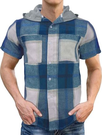 Generic Mens Hooded Shirt Plaid Hoodie Checked Casual Shirt Long Sleeve Casual Traditional Lumberjack Shirts Button Down Checked Shirt Men Short Sleeve with H