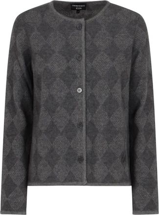 Emporio Armani Icon Cardigan van wolmix met verguld ruitmotief - Dames - Vesten - Grijs - L - Wol - Truien & Vesten