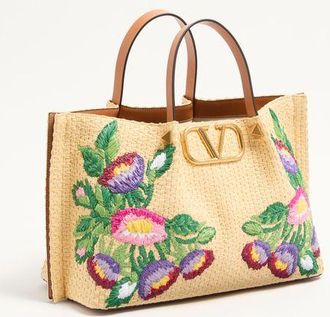 Valentino Garavani Borsa Shopping Media In Rafia Con Ricamo Floreale Donna NATURALE/MULTICOLOR UNI