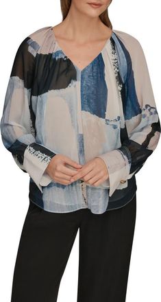 DKNY Long Sleeve Drape Top in Washed Indigo/Cream at Nordstrom, Size X-Small