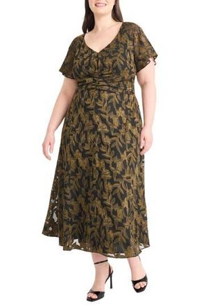 Maggy London Ruched Flutter Sleeve Midi Dress in Black/Olive at Nordstrom Rack, Size 18W