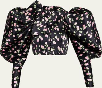 Marc Jacobs Rose-Print Satin Bow Balloon-Sleeve Crop Jacket