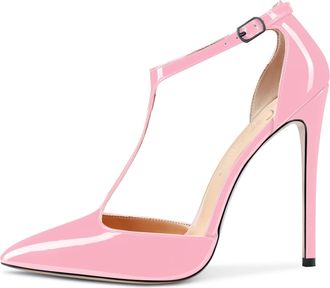 Castamere Womens High Stiletto Heel Close Pointed Toe Pumps Court Shoe T-Strap Ankle Strap Sandals Clear Dress Wedding Shoes Pink Patent 6.5 UK