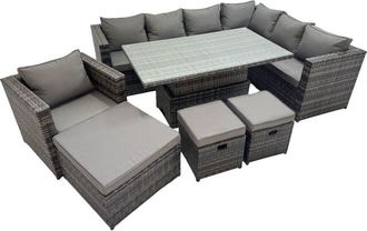 Fimous Fimous 10 Seater Rattan Height Adjustable Rising Lifting Table Corner Sofa Sets with Chair 3 Stools Dark Grey Mixed