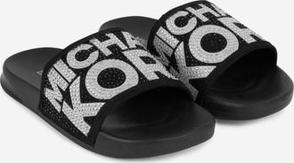 Michael Kors Girls Diamante Logo Sliders - Black - Size UK 2.5
