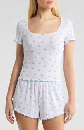 Open Edit Pointelle Knit Short Pajamas in White- Blue Sabrina Ditsy at Nordstrom, Size X-Small