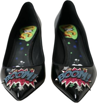 Dolce & Gabbana Black Leather BOOM Patch Heels Pumps Womens Shoes