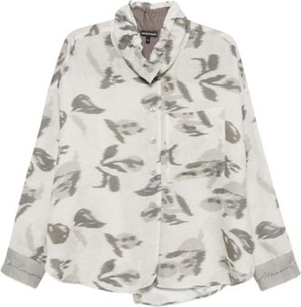 Emporio Armani Linnen Blouse met Print - Dames - Overhemden - Grijs - L - Linnen - Overhemden