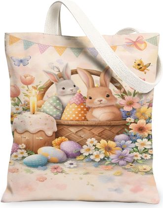 Generic Easter Bunny Floral Canvas Tote Bags, Cute Rabbit Pattern Reusable Shopping Bags, Spring Vintage Lightweight Washable Shoul, Pastel, 13x15 Inch
