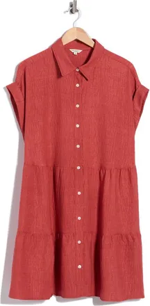Max Studio Rolled Short Sleeve Tiered Shirtdress in Heather Washed Red at Nordstrom Rack, Size 2 X