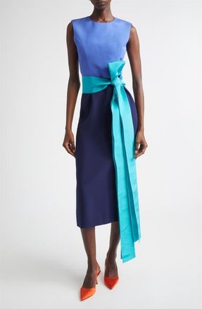Carolina Herrera Colorblock Stretch Crepe Sheath Dress with Faille Sash in Midnight Multi at Nordstrom, Size 18