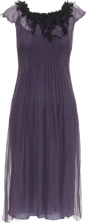 Lanvin Vintage purple silk black lace trim ruched waist sheer dress FR38 M