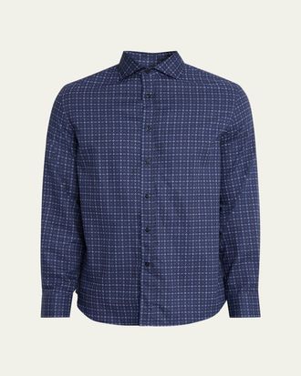 Brunello Cucinelli Mens Geometric Grid Cotton Button-Down Shirt
