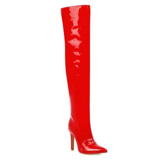 Generic Red,7.5 UK,Womens Patent Leather PU Thigh High Boots Pointy Toe Side Zippe Stiletto High Heel Over The Knee Boot Party Club Dress Shoes