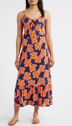 Loveappella Tie Front Midi Dress in Navy/Coral at Nordstrom, Size X-Small