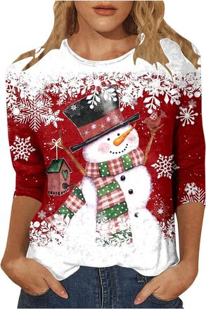 Generic Christmas Jumpers for Women Casual 3/4 Sleeve Crew Neck Tunic Shirts Funny Xmas Print Blouse Dressy Lightweight Holiday Clothes Comfy T-Shirt 2025 Fas