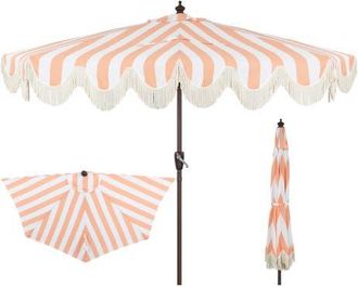Jonathan Y Designs Beverly 9 ft. Designer Classic Scalloped Fringe Half Market Patio Umbrella with Crank, Push Button Tilt and UV Protection in Coral