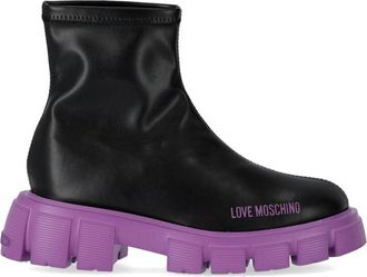 Love Moschino Zwarte Lila Sok Enkelboot - Dames - Enkellaarsjes - Zwart - 37 EU - Leer - Schoenen