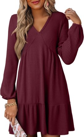 Dokotoo Womens Long Sleeve Dresses Casual V-Neck Dress for Women Fashion Elegant Empire Waist A Line Swing Womens Outfits Ribbed Knitted Elastic Autumn Ladies