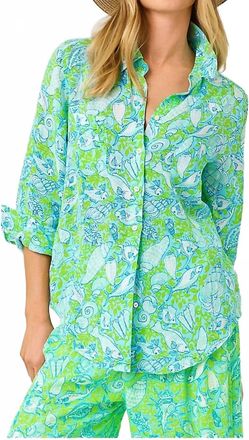 Lilly Pulitzer Sea View Linen Button Down Top In Day Dream Blue Throw Me A Line