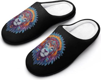 Generic Lion with Indian Headdress Funny Mens Cotton Slippers Soft Non-Slip Rubber Sole House Slipper Indoor Outdoor
