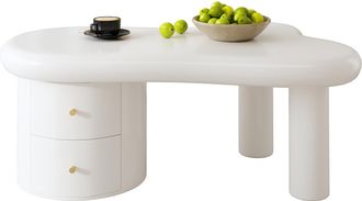 STILVORA Mesa De Centro Forma Org&aacute;nica Con 2 Cajones, Estructura De Mdf, Dise&ntilde;o Minimalista, Blanco, 97&times;64&times;42 Cm