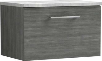 Nuie Arno Wall Hung 1-Drawer Vanity Unit with Bellato Grey Worktop 600mm Wide - Anthracite Woodgrain - Nuie