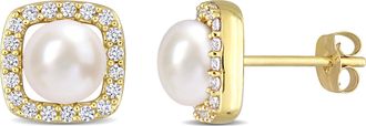 Mimi & Max 6-6.5mm Cultured Freshwater Pearl and 3/8ct TGW Created White Sapphire Halo Earrings in 10k Yellow Gold