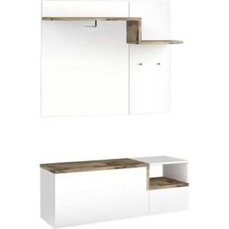 Dmora Mobile da ingresso, Made in Italy, Entratina con appendiabiti, Scarpiera, cm 120x40h54, colore Bianco lucido e Acero, con imballo rinforzato - Dmora