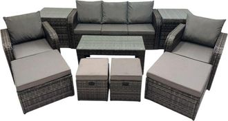 Fimous Rattan Garden Outdoor Furniture Set 3 Seater Sofa Reclining Chair Coffee Table with 2 Side Tables 4 Footstools Dark Grey Mixed - Fimous