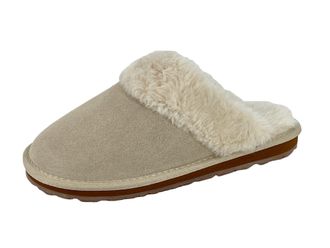 Clarks Womens Open Back Suede Leather Comfort Clog Slipper JMS0583C - Plush Faux Fur Trim - Indoor Outdoor House Slippers For Women, Natural, 6.5 UK
