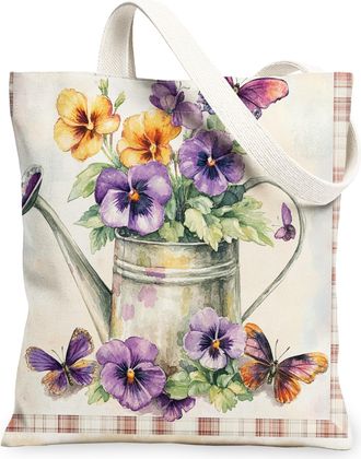 Generic Spring Pansy Flower Canvas Tote Bag for Shopping 13x15, Farmhouse Country Floral Reusable Grocery Print Bag for Women Men, Fun Farm Aesthetic Painting