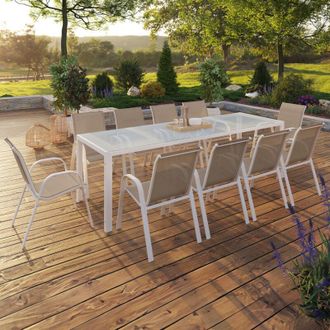 IDMarket Conjunto De Muebles De Jard&iacute;n Madrid Mesa 240 Cm Y 10 Sillas Apilables Blanco Y Beige