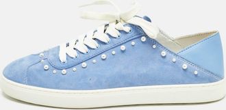 Stuart Weitzman Blue Suede Pear Embellished Lace Up Sneakers