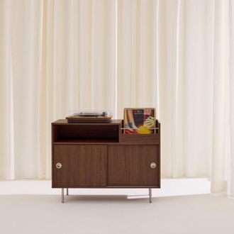 Sweeek Mueble para vinilos vintage efecto madera y acero inoxidable, 100cm