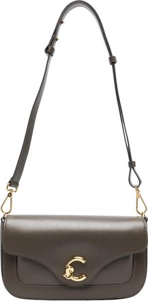 Coccinelle Rectangular Grey Leather Shoulder Bag with Gold-tone Logo Plaque