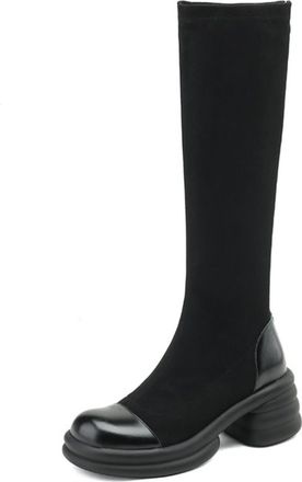 Generic Womens Suede Knee-High Boots Round Toe PU Leather Cap Toe Thick Platform Block Heels Stretch Upper Side Zipper Soft Lining Cushioned Insole Durable Ou