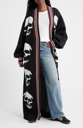 Dressed in Lala Trouble Maker Long Cardigan in Black With Skulls at Nordstrom, Size Small
