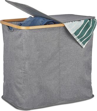 Relaxdays Relaxdays - Laundry Hamper with Lid, Folding Clothes Sorter, Bamboo & Fabric, 2 Compartments, 74 Litres, Grey