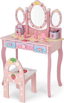 Costway Costway - Set Tocador Infantil Con Espejo Tripartido, Set Mesa Tocador Y Taburete Para Ni&ntilde;os Con 3 Cajones, 2 Cajas