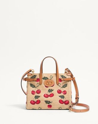 Valentino Garavani Valentino Garavani Antibes Small Shopping Bag In Jacquard Raffia With Cherryfic Pattern Wo