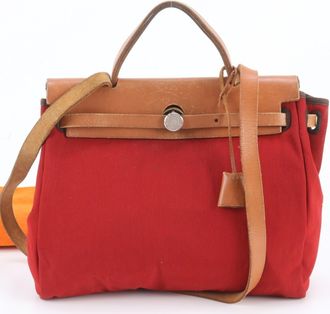 Herm&egrave;s Brown Red Color Leather Canvas Shoulder Bag Tote Bag (Pre-Owned)