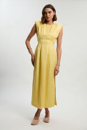 Karen Millen Womens Viscose Linen Woven Pintuck Midi Dress - Yellow - Size 16 UK