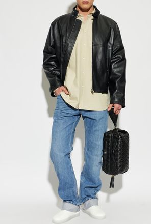 Bottega Veneta Leather Jacket With Decorative Stand-up Collar, Mens, Black