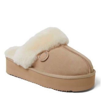 Dearfoams Fireside Melton Genuine Shearling Platform Scuff Slipper in Sand at Nordstrom, Size 10