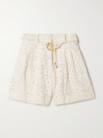 Zimmermann Shorts In Pizzo A Cordoncino Di Misto Cotone Con Cintura Illuminate - Crema