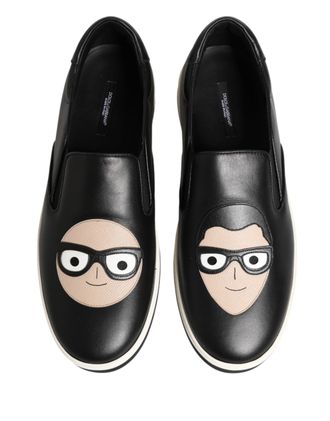 Dolce & Gabbana Mens Black Leather Signature Figures Sneakers Shoes