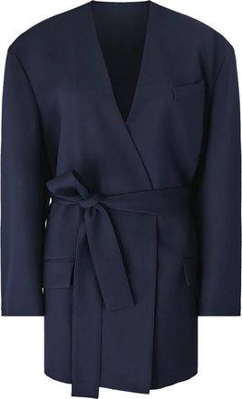 The Attico Blauwe wollen wikkeljas met V-hals - Dames - Jas met riem - Blauw - S - Wol - Jassen