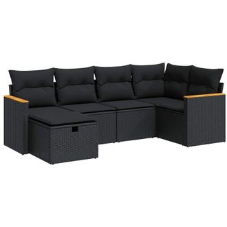 vidaXL Set De Sof&aacute;s De Jard&iacute;n 6 Piezas Y Cojines Rat&aacute;n Sint&eacute;tico Negro