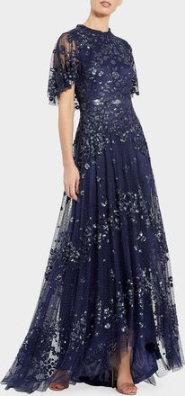 Mac Duggal Flutter-Sleeve Sequin Tulle Gown